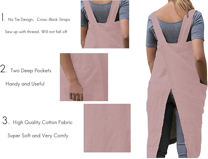 TBA Cotton Linen Apron Cross Back Apron for Women with Big Pockets Square Pinafore Dress for Baking Cooking BBQ & Grill