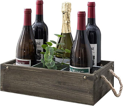 MyGift Rustic Solid Wood and Galvanized Multipurpose Organizer Caddy with 6 Metal Partition Divided Slots and Rope Handles, Vintage Style Wine Bottle Crate Storage Gift Box