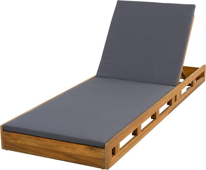 Merax Patio Chaise Lounge with Adjustable Backrest & Cushion, Acacia Wood Recliner Chair with Teak Finish for Backyard Pool Garden
