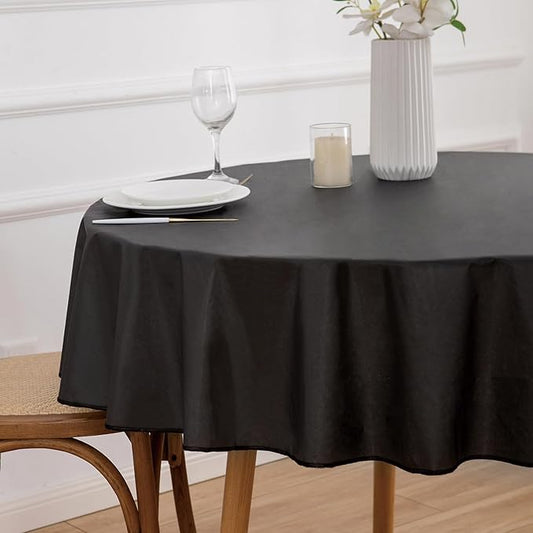 NLMUVW 48 Inch Round Vinyl Tablecloth with Flannel Backing, Small Black PVC Table Cloth 100% Waterproof Wipe Clean Table Cover for Dining Party Camping Outdoor
