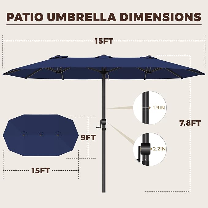 GDPFN 15FT Large Patio Umbrella, Outdoor Deck Standing Umbrella with Crank Handle, Double-Side Rectangular Pool Umbrella for Outside, Market, Patio, Navy Blue (Base Not Include)