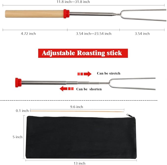 HelloPet Marshmallow Roasting Sticks, 8 Pack Telescoping and Rotating Stainless Steel U Shape Barbecue Forks Grill Sticks with 10PCS Bamboo Sticks and Zipped Storage Bag