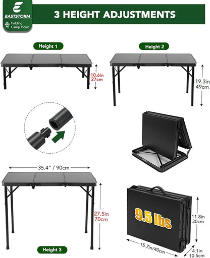 E EASTSTORM 3ft Folding Camping Table, Folding Table with 3 Adjustable Height, Portable Table with Handle, for Outdoor, Backyard, BBQ, Picnic, Cooking, RV, fits 2–4 People, Black