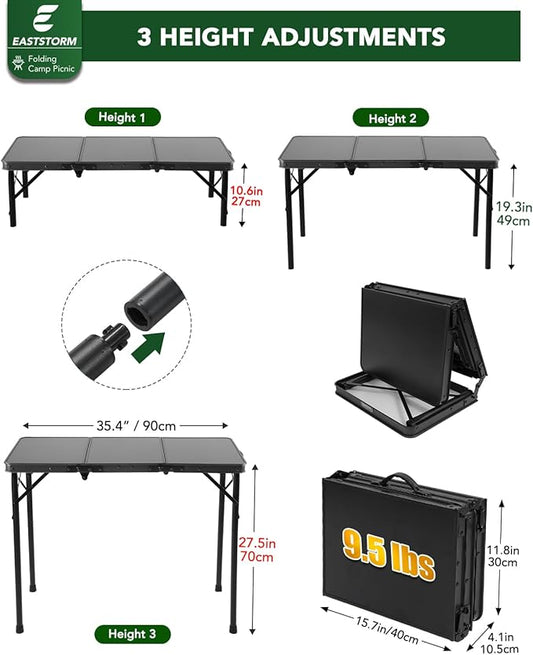E EASTSTORM 3ft Folding Camping Table, Folding Table with 3 Adjustable Height, Portable Table with Handle, for Outdoor, Backyard, BBQ, Picnic, Cooking, RV, fits 2–4 People, Black
