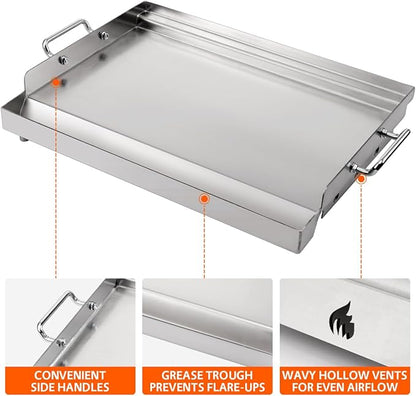 LotFun 30" x 15" Stainless Steel Cooking Griddle for Outdoor Gas Grill, Universal Griddle Flat Top Plate Insert with Grease Groove and Removable Handles for Electric/Charcoal/Gas Grill, Camping,Party