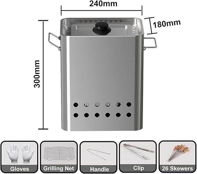 Charcoal Barrel BBQ Grill Stainless Steel BBQ Hanging Stove Camping Barbecue Rack with 26 Skewers Gloves Tongs Grilling Net for Vegetables