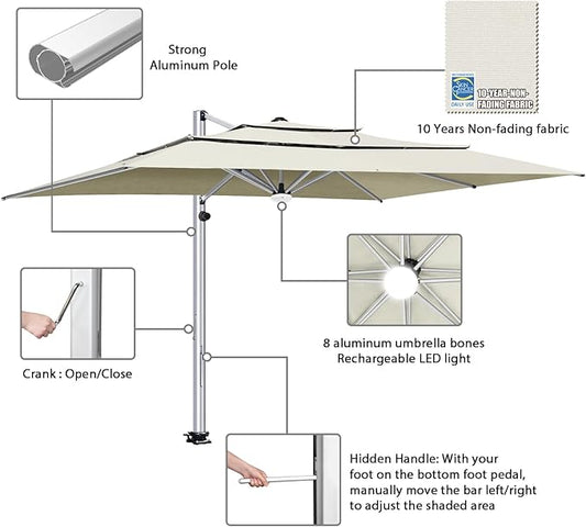 EliteShade USA APOLLO 3-Tier 10x13FT Full Aluminum Cantilever Patio Umbrella for Outdoor Restaurant Garden Courtyard Deck Pool and Marketing with Light (No battery), Natural