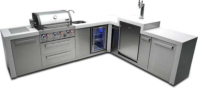 Mont Alpi 120"W x 98"D Deluxe L-shaped Stainless Steel Outdoor Kitchen Island with Fridge Faucet & Sink Combo + 3-tap Kegerator Beer Dispenser + 32"W 4-Burner BBQ Grill + Storage Cabinets + Cover