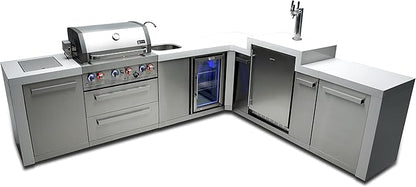 Mont Alpi 120"W x 98"D Deluxe L-shaped Stainless Steel Outdoor Kitchen Island with Fridge Faucet & Sink Combo + 3-tap Kegerator Beer Dispenser + 32"W 4-Burner BBQ Grill + Storage Cabinets + Cover