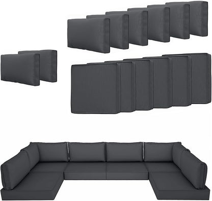 14 Piece Outdoor Patio Cushion Cover Replacement, Waterproof Patio Cushion Covers, Outdoor Furniture Cushion Covers Set for 6 Seat Wicker Rattan Sofa (Deep Grey)