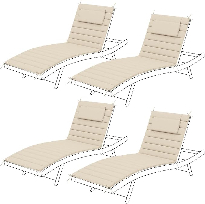 Sundale Outdoor Olefin Quilted Lounge Cushion Set of 4, Patio Foldable Chaise Lounger Cushion, Water-Resistant Lounge Chair Pad with Straps Beige, 80 x 26 inches