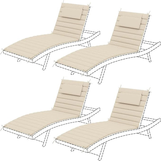 Sundale Outdoor Olefin Quilted Lounge Cushion Set of 4, Patio Foldable Chaise Lounger Cushion, Water-Resistant Lounge Chair Pad with Straps Beige, 80 x 26 inches