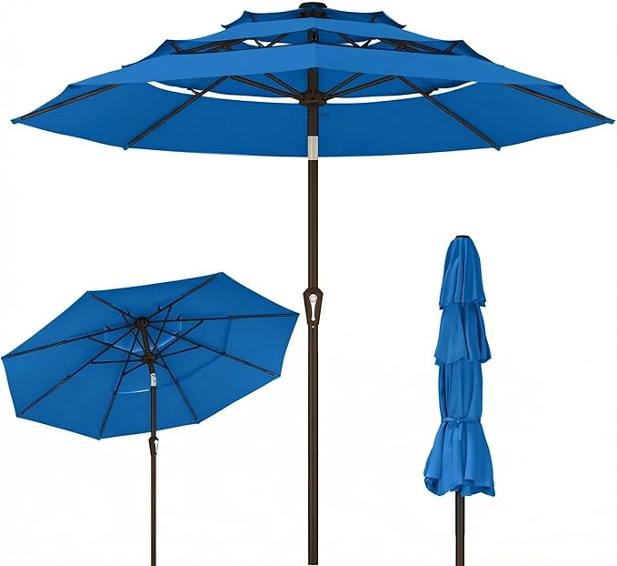 Kingdura 9ft 3-Tier Patio Umbrella, Outdoor Table Umbrella with Easy Crank & Tilt, 8 Reinforced Ribs, UV Protection for Deck, Pool, Market, Backyard (Royal blue)