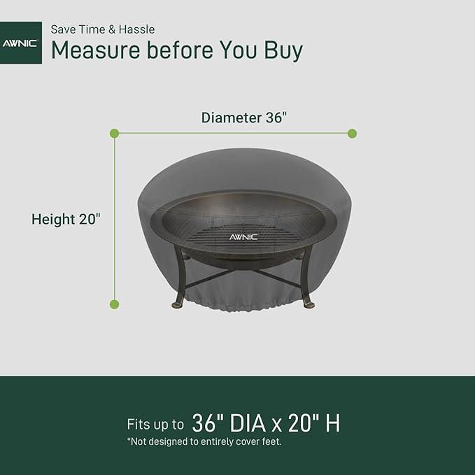 AWNIC Fire Pit Cover Round 36 inch Waterproof Windproof Outdoor Patio Firepit Cover with 500D Fade-Resistant Oxford Cloth, Dual-Sided Adjustable Drawstring & Hook and Loop