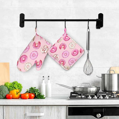 Mxocom Watercolor Donuts Silicone Oven Mitts and Pot Holders Sets Pink Donuts Background BBQ Gloves for Kitchen,Cooking,Baking,Grilling