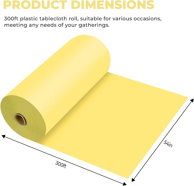 54 Inch X 300 Feet Plastic Table Cover Roll Premium Disposable Plastic Tablecloth for All Type/Shape Tables | Picnic, Party, Banquet, Birthdays, Weddings (Light Yellow, 54 Inch X 300 Feet)