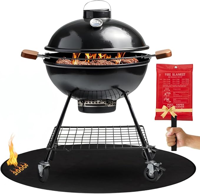 Under Grill Fire Pit Mats for Outdoor Grill Deck Protector - Black Under BBQ Grill Mat w/Fire Blanket & Corner Weights, Double-Sided Fireproof Design, Heat Resistance Up to 2000°F (Round, 40)