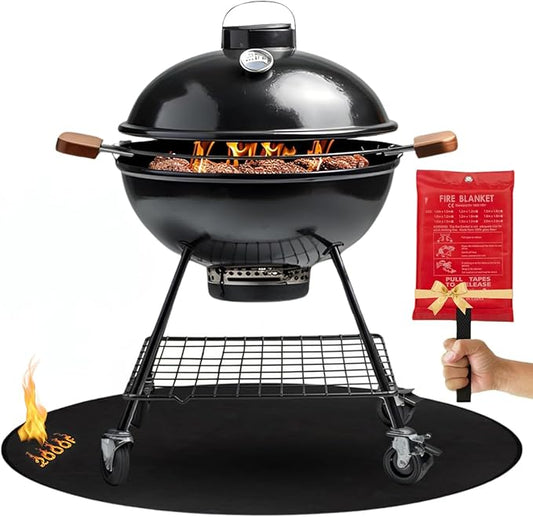 Under Grill Fire Pit Mats for Outdoor Grill Deck Protector - Black Under BBQ Grill Mat w/Fire Blanket & Corner Weights, Double-Sided Fireproof Design, Heat Resistance Up to 2000°F (Round, 40)