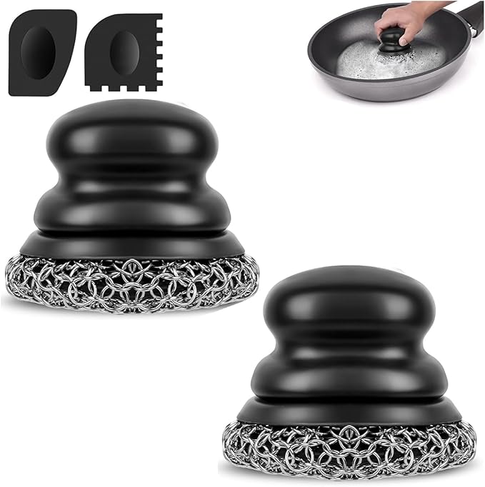 Cast Iron Scrubber (2 × Black Coarse Mesh) and and Scraper, Chain Mail Scrubber for Cleaning Stock Pots, Pans, Griddles, Grills, Cast Iron Skillets, Dish Scouring Pads