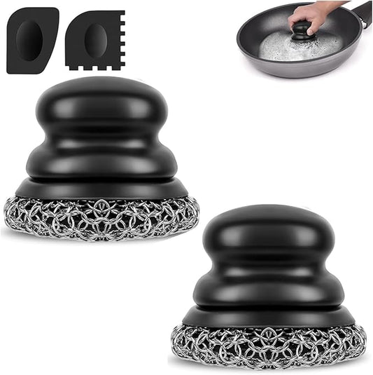 Cast Iron Scrubber (2 × Black Coarse Mesh) and and Scraper, Chain Mail Scrubber for Cleaning Stock Pots, Pans, Griddles, Grills, Cast Iron Skillets, Dish Scouring Pads