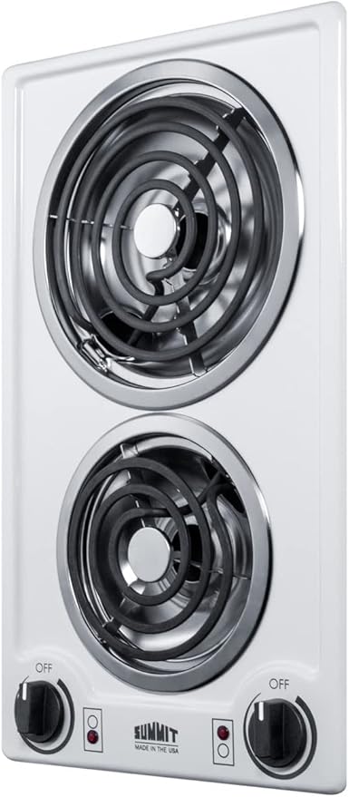 Summit 12" 2 Burner Electric Cooktop. 230V Radiant Cooktop, Coil Elements, Made in the USA, White- CCE225WH
