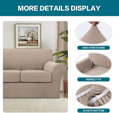 Turquoize 3 Piece Sofa Covers for 2 Cushion Couch Sofa Slipcover Soft Couch Cover for Dogs-Washable Sofa Furniture Covers with 2 Individual Cushion Covers, Thick Jacquard Fabric (Loveseat, Sand)