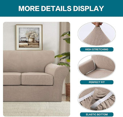 Turquoize 3 Piece Sofa Covers for 2 Cushion Couch Sofa Slipcover Soft Couch Cover for Dogs-Washable Sofa Furniture Covers with 2 Individual Cushion Covers (2 Cushion Sofa, Sand)