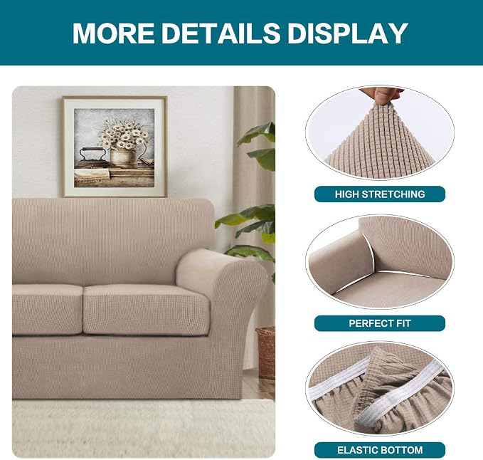 Turquoize 4 Piece Sofa Slipcover Sofa Covers for 3 Cushion Couch Soft Couch Cover for Dogs-Washable Sofa Furniture Covers with 3 Individual Cushion Covers,Feature Jacquard Fabric(3 Cushion Sofa, Sand)