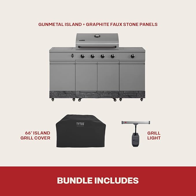 Tytus Fresno 5-Burner Propane or Natural Gas Island Grill – 864 sq. in. Cooking, 48,000 BTU Main + 12,000 BTU Side Burner, Porcelain Grates, Storage Cabinets, Semi-Portable - GM/Graphite Starter Kit