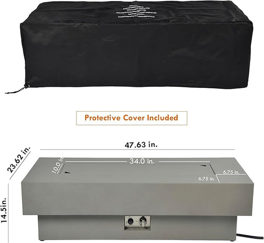 Outdoor Low Profile Fire Table with Wind Glass Shield, 48-inch Rectangle Propane Gas Fire Pit Table, 50,000 BTU Modern Firepit w/Lid, Fire Glass, Cover, Pre-Attached 10ft Propane Hose