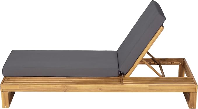 Merax Teak Finish Acacia Wood Chaise Lounge with 4-Inch Dark Grey 2-Fold Cushion Set, 4-Position Adjustable Outdoor Patio Lounger with Flat Side Surface, for Poolside