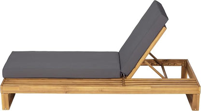 Merax Teak Finish Acacia Wood Chaise Lounge with 4-Inch Dark Grey 2-Fold Cushion Set, 4-Position Adjustable Outdoor Patio Lounger with Flat Side Surface, for Poolside