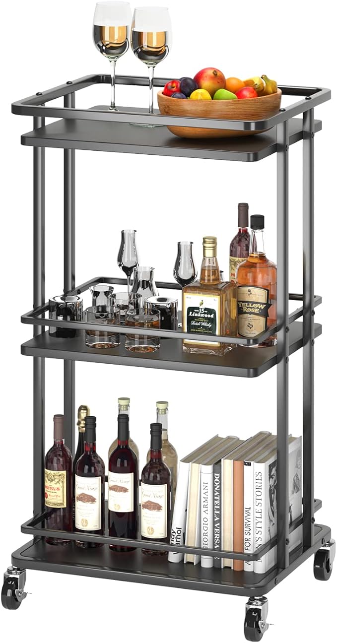 XYZLVSI Bar Cart, Home Bar Serving Cart, 3 Tier Kitchen Shelf with Wheels | Wood and metal, kitchen island storage cart with wheels, multifunction utility cart storage rack for dining room, living room