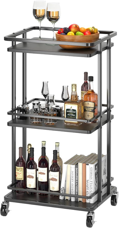 XYZLVSI Bar Cart, Home Bar Serving Cart, 3 Tier Kitchen Shelf with Wheels | Wood and metal, kitchen island storage cart with wheels, multifunction utility cart storage rack for dining room, living room