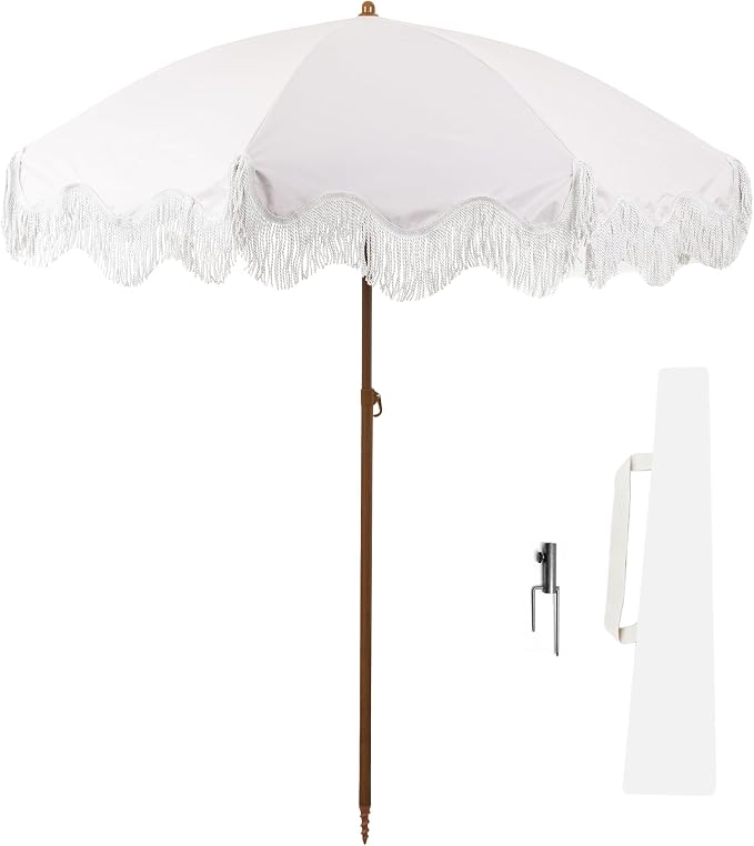 Rayjee 6.5FT Patio Umbrella with Fringe, Boho Outdoor Umbrella | UV Protection| Tilt & Adjustable Height | Brown Steel Pole | Carry Bag & Ground Stake | For Beach Pool Garden Terrace Picnic