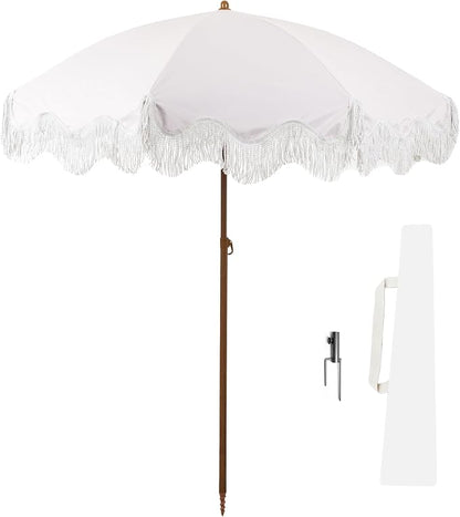 Rayjee 6.5FT Patio Umbrella with Fringe, Boho Outdoor Umbrella | UV Protection| Tilt & Adjustable Height | Brown Steel Pole | Carry Bag & Ground Stake | For Beach Pool Garden Terrace Picnic