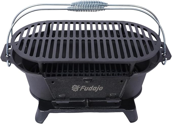 Oval Cast Iron Grill Outdoor, Portable Charcoal Grill and Tabletop Cast Iron Skillet - 100% Cast Iron, Durable, Small Charcoal Grill, Camping Stove, Hibachi Grill (19.6"L×10.6"W×8.2"H)