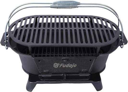 Oval Cast Iron Grill Outdoor, Portable Charcoal Grill and Tabletop Cast Iron Skillet - 100% Cast Iron, Durable, Small Charcoal Grill, Camping Stove, Hibachi Grill (19.6"L×10.6"W×8.2"H)