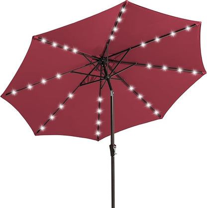 JEAREY 9FT Outdoor Patio Umbrella with Solar Lights, LED Lighted Pool Umbrella with Tilt and Crank, Outdoor Table Umbrellas for Deck, Yard & Market (Burgandy)