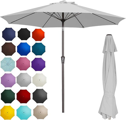 PatioKingdom 9FT Patio Outdoor Umbrella-UPF 50+ Sun Shade with Wind Vent, Push-Button Tilt & Smooth Crank Lift, Rust-Resistant Fiberglass Frame for Garden, Backyard,Yard (Light Gray)
