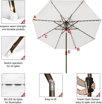 EliteShade USA 10-Year-Non-Fading 9ft Market Patio Umbrella, Commercial Grade Table Sun Umbrella with 80 Solar LED Lights, Crank Open, Windproof & UPF 50+ UV Protection for Garden, Deck, Pool, Backyard, White