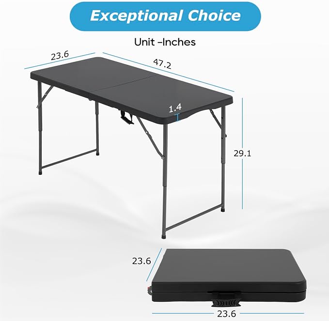 PayLessHere Folding Camping Table Plastic Picnic Table Office Table for Parties Wedding Camping Office with Carrying Handle (Black, 4 FT)