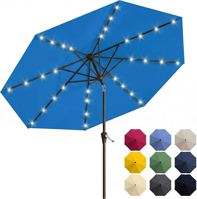 10FT Solar Patio Umbrella with Lights, Outdoor Table Market Umbrella with 32 LED Lights, 8 Sturdy Ribs, Push Button Tilt and Crank for Pool, Deck and Garden, UV-Resistant
