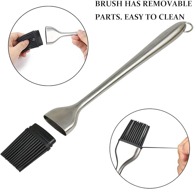 Deluxe 304 Stainless Steel Turkey Baster Syringe Injector Needle with Cleaning Brush & Heavy Duty 12 Inch Stainless Steel Handle Silicone BBQ Basting Brush