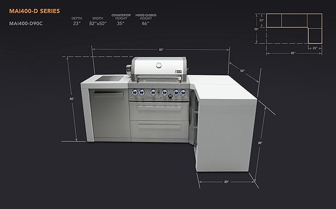 Mont Alpi Premium 82"W x 50"D Deluxe Stainless Steel L-shaped Modular Outdoor Kitchen Island with Infrared Side Burner + 32"W 4-Burner BBQ Gas Grill + Granite Countertops + Storage Cabinets & Drawers