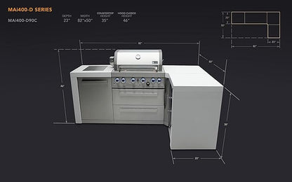 Mont Alpi Premium 82"W x 50"D Deluxe Stainless Steel L-shaped Modular Outdoor Kitchen Island with Infrared Side Burner + 32"W 4-Burner BBQ Gas Grill + Granite Countertops + Storage Cabinets & Drawers