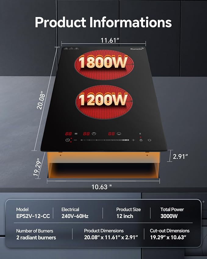Ranein GEN II 12 Inch 2 Burner Electric Cooktop, Max 3000W 240V Ceramic Panel Built-in Electric Stove Top, with Child Safety Lock, Timer, Over-Temperature Protection