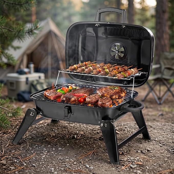 18 inch Portable Barbecue Grill, Foldable Charcoal Grill with 6-Point Locking Lid for Heat Preservation, Small Charcoal Grill for Outdoor Camping, Patio, Tailgating, Travel