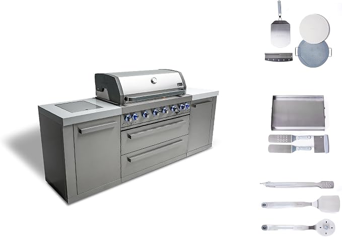 Mont Alpi 94" Modular Outdoor Kitchen Island - 304 Stainless Steel | 115,000 BTU 6-Burner Gas Grill | Side Burner + Griddle + Pizza Kit | 94 Inch