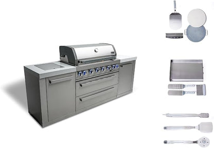 Mont Alpi 94" Modular Outdoor Kitchen Island - 304 Stainless Steel | 115,000 BTU 6-Burner Gas Grill | Side Burner + Griddle + Pizza Kit | 94 Inch